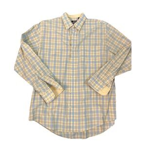 IZOD Shirt Mens Sz L Yellow Blue Plaid Long Sleeve Button Down Casual Dress